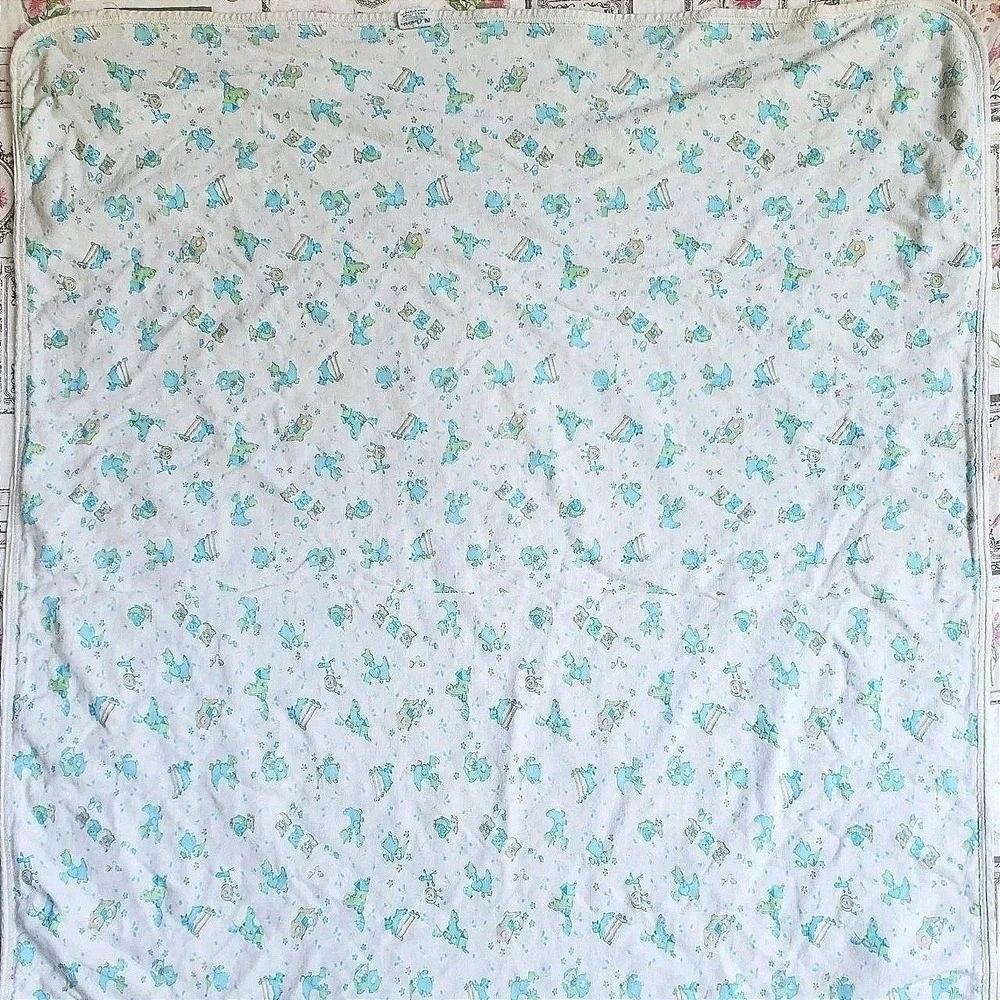 Vtg Carter's Baby Blanket Blue Animals Cotton Flannel Made in USA 1980s 90s